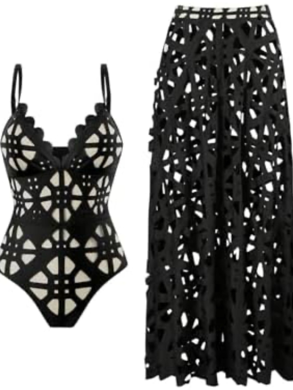 Black Laser-Cut Two-Piece Swim Set - Sculpted Bodysuit & Maxi Skirt